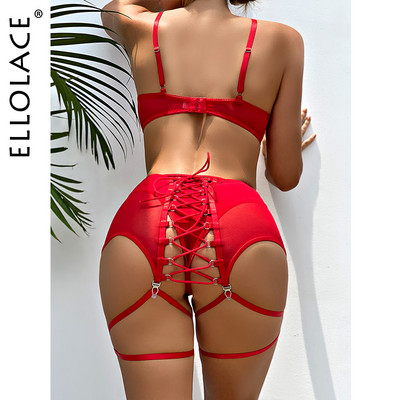 Ellolace Sensual Lingere Exotic Bandage Garter με κάλτσες Διαφανές σουτιέν Intimate Hard Woman 3 τεμαχίων μαύρα φανταχτερά εσώρουχα