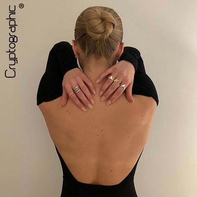 Kriptográfiai fekete fitness szexi női body, hát nélküli hosszú ujjú nadrágtartó női jumpsuit üreges karcsú test nőies