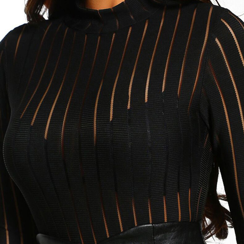 OMSJ Black Mesh Sprite Print Seksikas läbipaistev kõhn Bodysuit, pikkade varrukatega daami kõrge kaelusega pullover Body Top Fashion Party Club