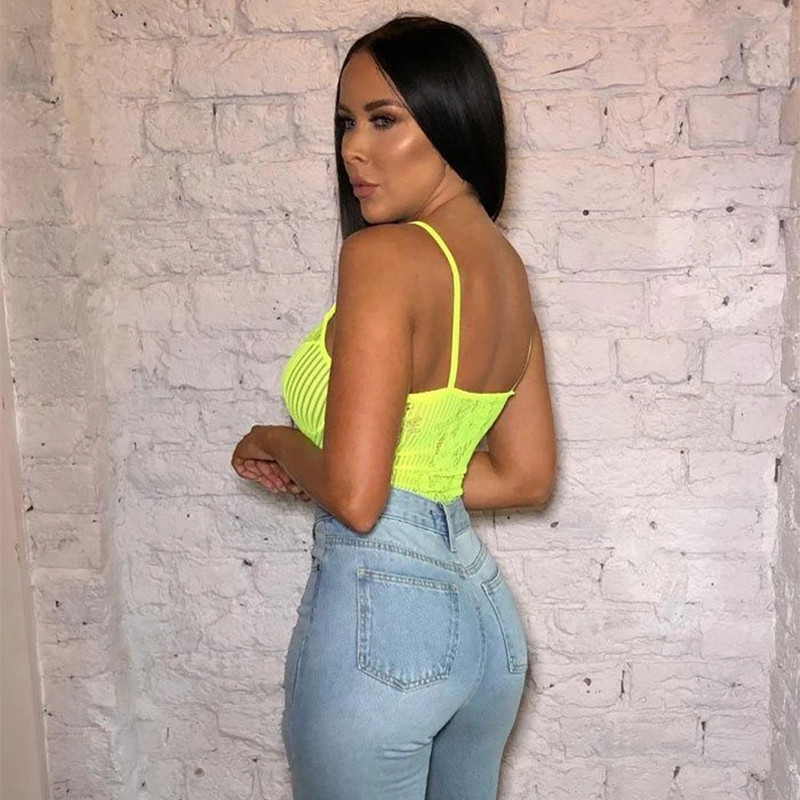 OMSJ Νεότερο γυναικείο κορμάκι με νέον πράσινο πορτοκαλί ριγέ δαντέλα Ολόσωμο διαφανές σέξι λουλουδάτο κέντημα Playsuit Night outfits Party