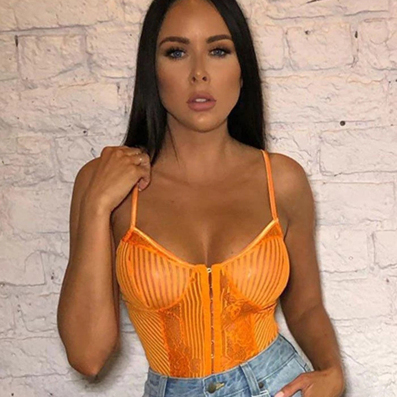 OMSJ Νεότερο γυναικείο κορμάκι με νέον πράσινο πορτοκαλί ριγέ δαντέλα Ολόσωμο διαφανές σέξι λουλουδάτο κέντημα Playsuit Night outfits Party