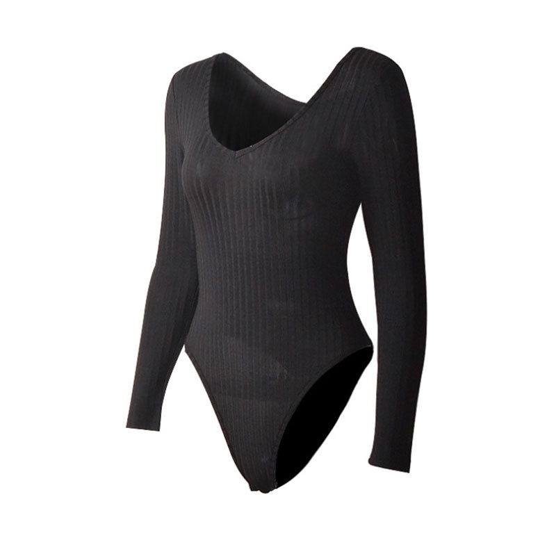Νέα μόδα γυναικεία πλεκτή σέξι μακρυμάνικη κοντή φόρμα από τους ώμους Ολόσωμη φόρμα ελαστική φόρμα Leotard μπλούζα με ραβδώσεις
