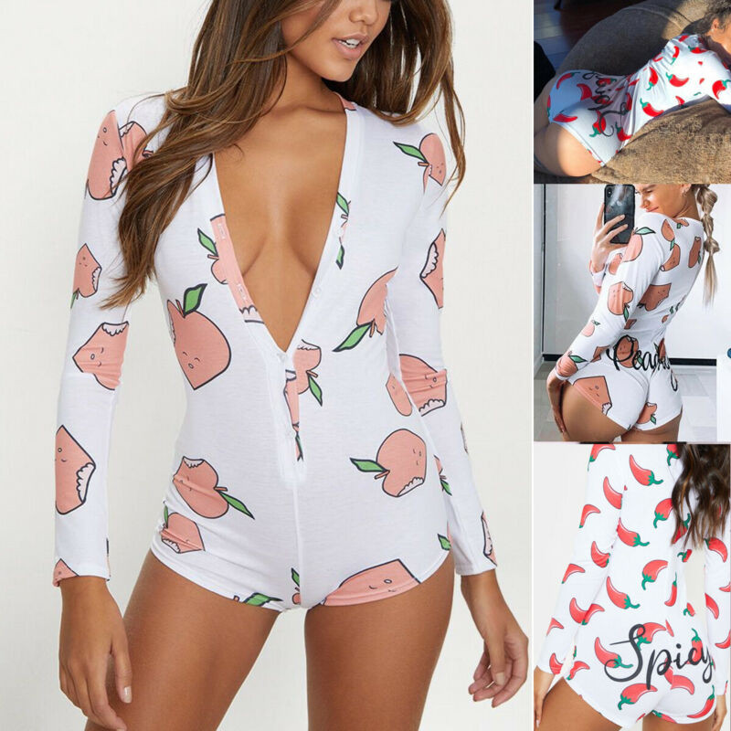 Naiste seksikas V-kaelusega pikkade varrukatega Bodycon Casual Peachy Spicy Print Button Magamisriided Jumpsuit Shorts Romper Trikoo Nööbiga Body