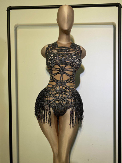 Μόδα στενή εφαρμογή Crystal Tassel Nude Dancer Ολόσωμο Γυναικείο Αμάνικο ελαστικό Rhinestone Leotard Nightclub DS Dance Outfits