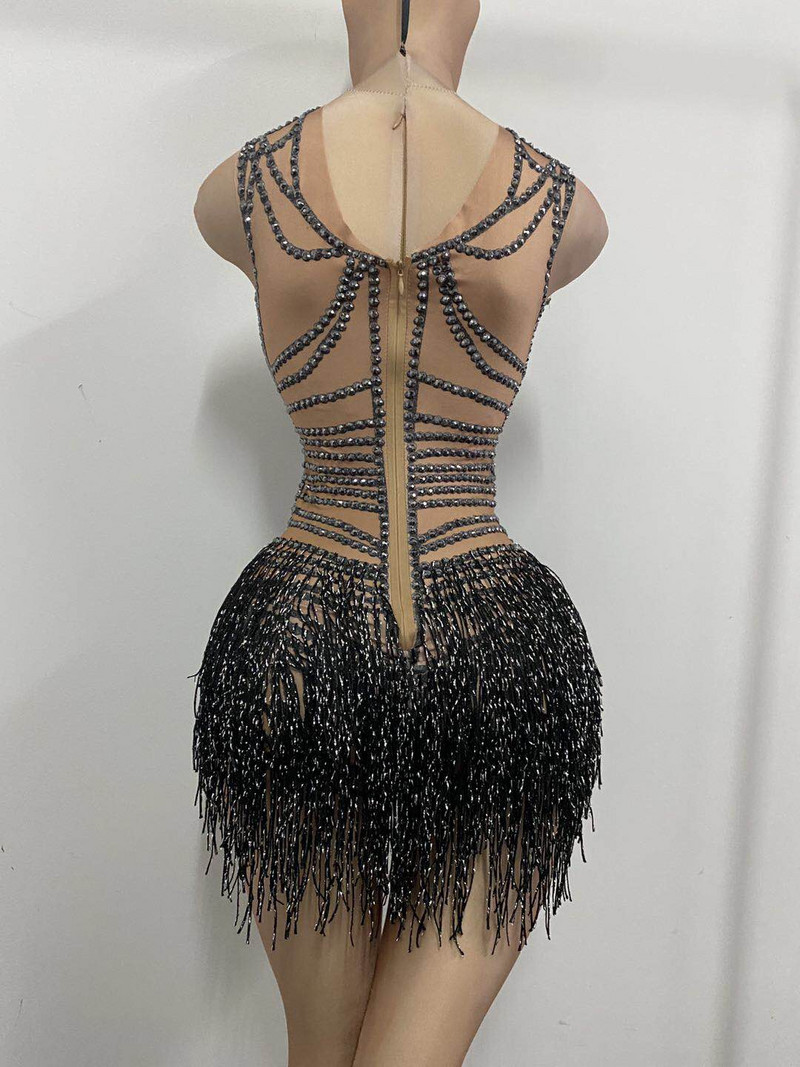 Μόδα στενή εφαρμογή Crystal Tassel Nude Dancer Ολόσωμο Γυναικείο Αμάνικο ελαστικό Rhinestone Leotard Nightclub DS Dance Outfits