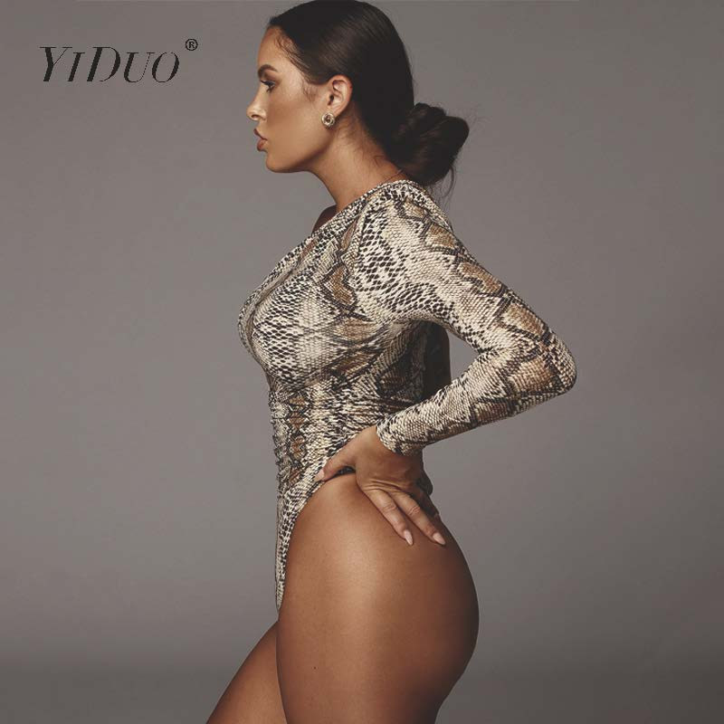 YiDuo ühe õla moodne maoprinter Seksikad Bodused Lühikesed naiste kombinesoonid õhuke pikkade varrukatega naiste leopard Body Mujer