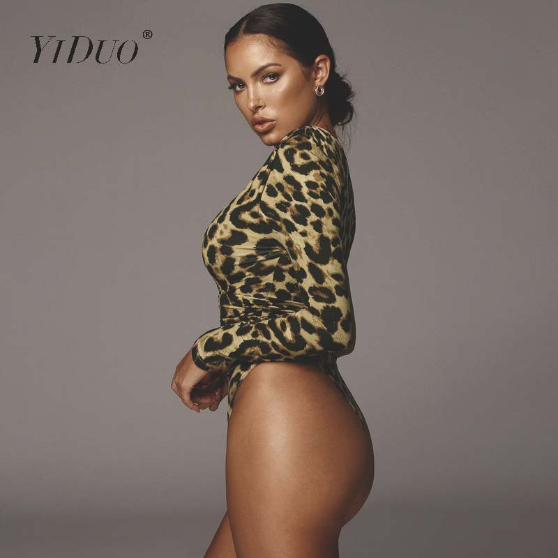 YiDuo ühe õla moodne maoprinter Seksikad Bodused Lühikesed naiste kombinesoonid õhuke pikkade varrukatega naiste leopard Body Mujer