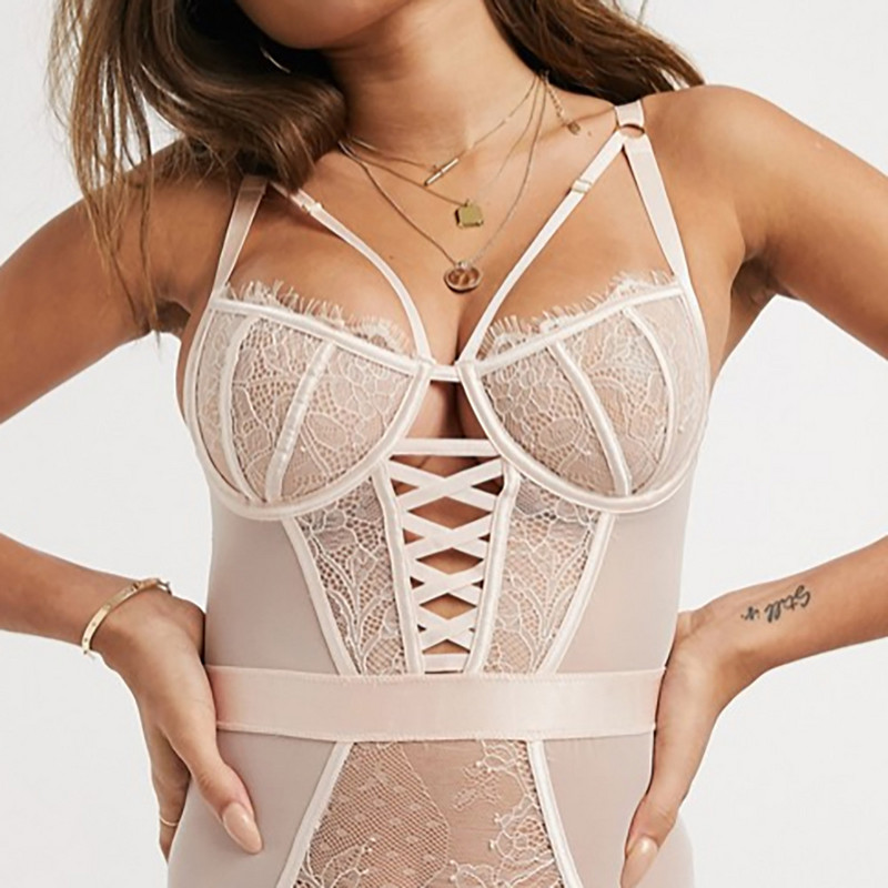 Body cu dantelă florală Yimunancy Body cu plasă cu șireturi pentru femei 2020 Body cu piesele sexy