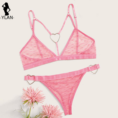 Set sutien sexy Set de lenjerie cu imprimeu inimă Lenjerie erotică legată cu inele 2 buc. Lenjerie de corp pentru femei Set bralette transparent intim din plasă