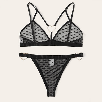 Σέξι Σετ Σουτιέν Heart Print Σετ Εσώρουχα Δαχτυλίδι Ερωτικά Εσώρουχα 2 τμχ Γυναικεία εσώρουχα Διχτυωτό Σετ Διαφανές Bralette