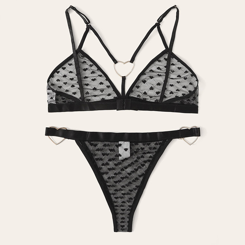 Σέξι Σετ Σουτιέν Heart Print Σετ Εσώρουχα Δαχτυλίδι Ερωτικά Εσώρουχα 2 τμχ Γυναικεία εσώρουχα Διχτυωτό Σετ Διαφανές Bralette