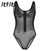 Body sexy dintr-o singură bucată pentru femei, cu plasă transparentă, cu decolteu în U adânc, fără mâneci, cu fermoar în față, cu tăietură înaltă, babydoll de pluș