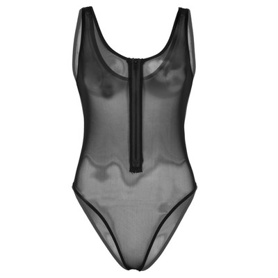 Body sexy dintr-o singură bucată pentru femei, cu plasă transparentă, cu decolteu în U adânc, fără mâneci, cu fermoar în față, cu tăietură înaltă, babydoll de pluș