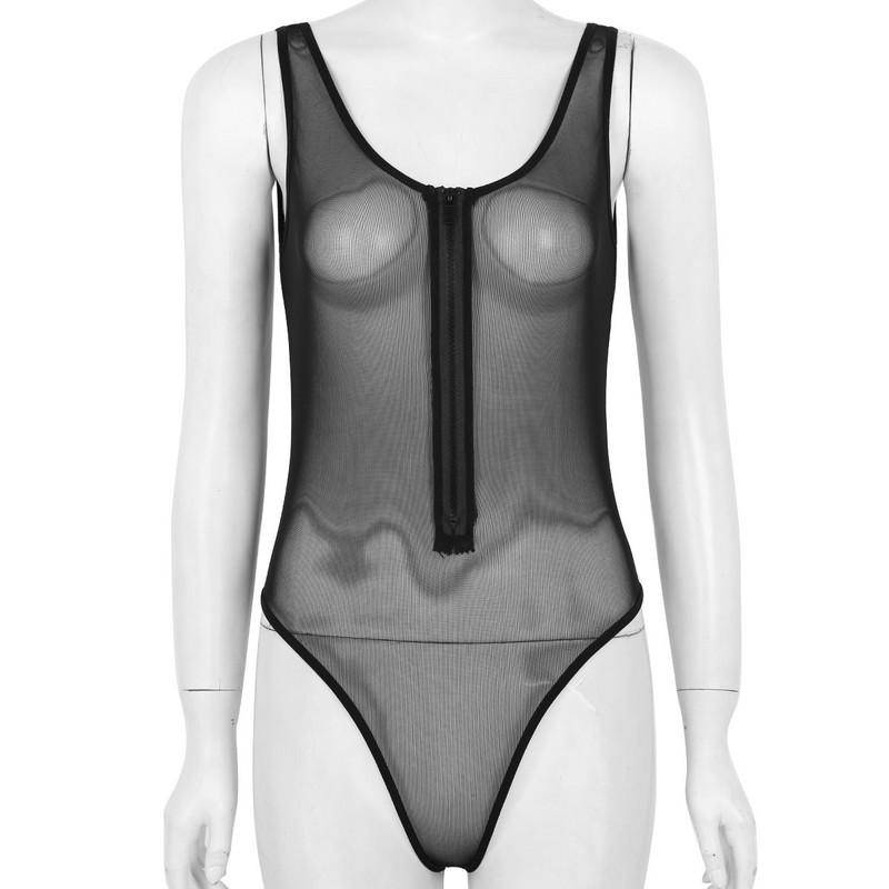 Body sexy dintr-o singură bucată pentru femei, cu plasă transparentă, cu decolteu în U adânc, fără mâneci, cu fermoar în față, cu tăietură înaltă, babydoll de pluș