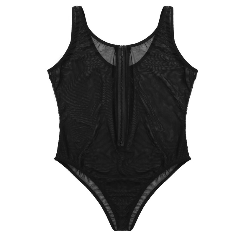 Body sexy dintr-o singură bucată pentru femei, cu plasă transparentă, cu decolteu în U adânc, fără mâneci, cu fermoar în față, cu tăietură înaltă, babydoll de pluș