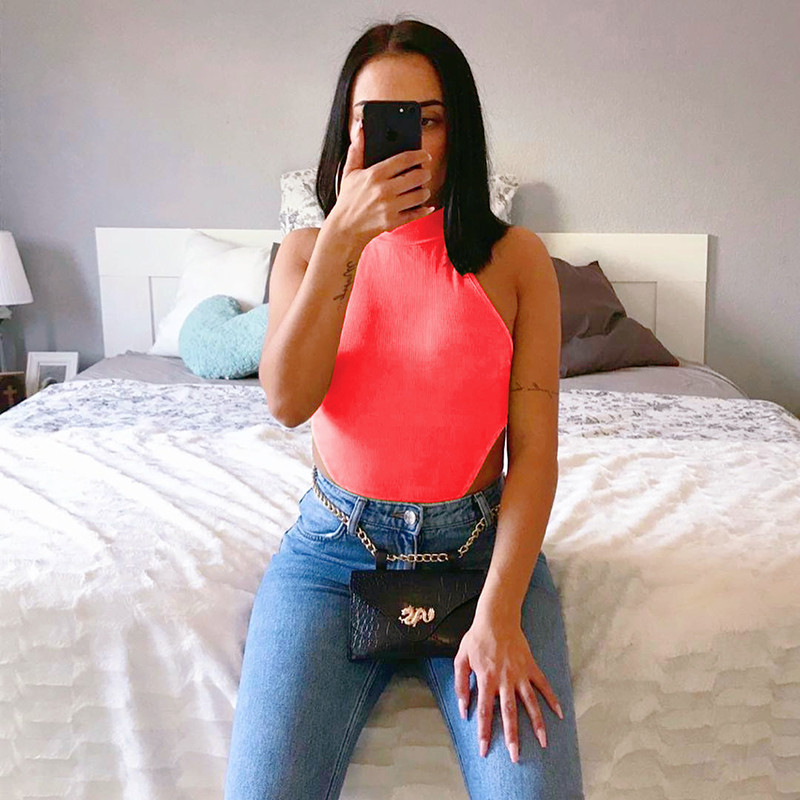 2020 High Street, solid, roz neon, body de vară, fără mâneci, cu Halter, sexy, pentru femei, la modă, bodycon, petrecere, ocazional, corp pentru femei