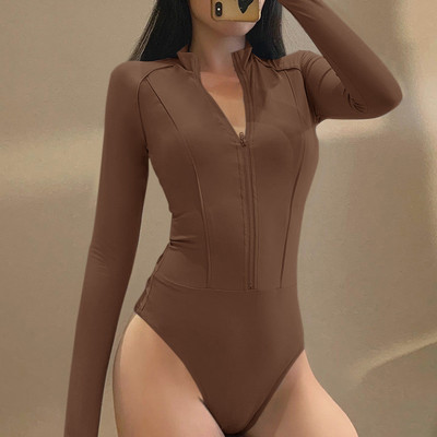 Jesen Zima 2020. Ženski kombinezoni Seksi klub Ženski bodi s patentnim zatvaračem Streetwaer Jednobojni ženski kombinezon dugih rukava uz tijelo