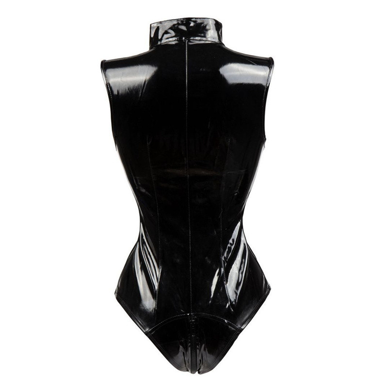 Juodas latekso PVC Bodysuit Moteriškas dirbtinės odos kačių kostiumas Erotinis Bodycon Punk Costume Clubwear Trumpas aptemptas kombinezonas M7019