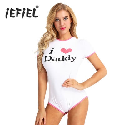 Žene Odrasle I Love Daddy Pattern Kratki rukavi Pamučni kombinezon Seksi kombinezon Bodi odijela za kostime Party Čarape