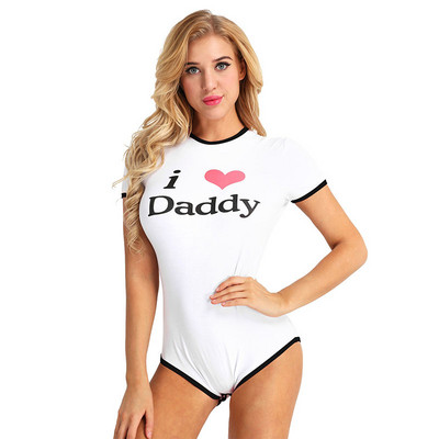 Femei Adulte I Love Daddy Model Maneca scurta Snap Crotch Bumbac Salopeta Sexy Salopeta Body Costume pentru petrecere Bodystocking