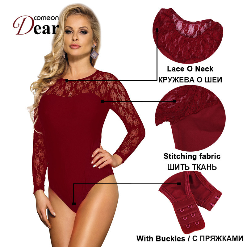 Comeondear Seksikas Body Naistele Pikkade varrukatega Teddy Lace Body Must Kombinesoonid Body Mujer 5XL Body Naiste Jumpsuit RB80372