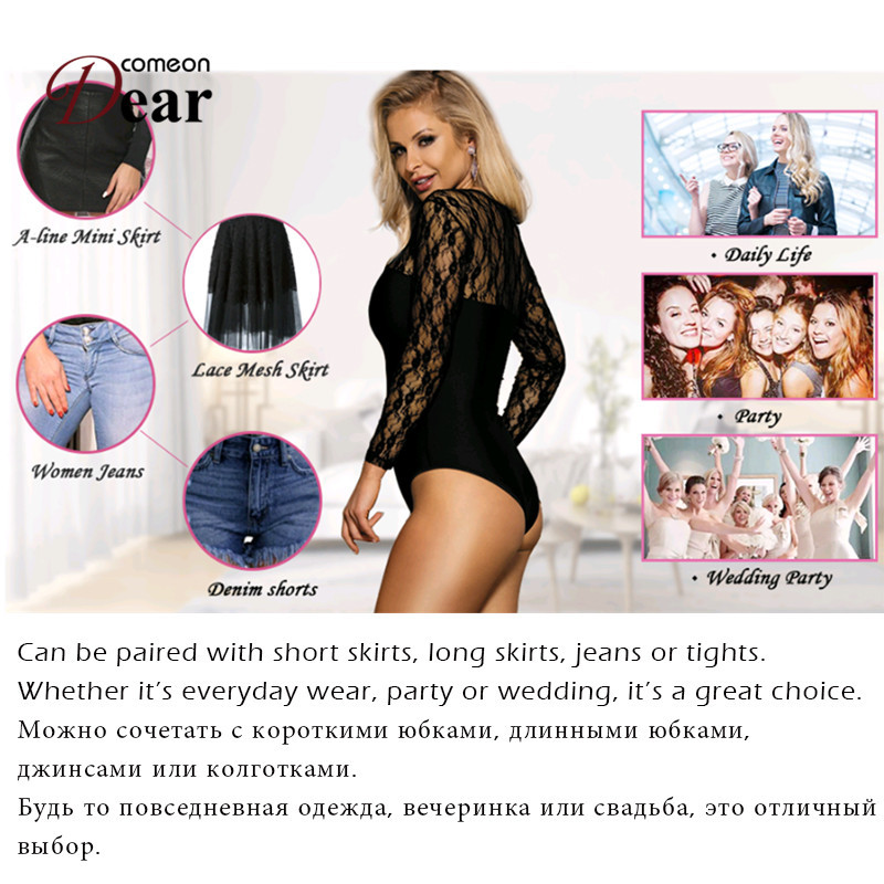 Comeondear Seksikas Body Naistele Pikkade varrukatega Teddy Lace Body Must Kombinesoonid Body Mujer 5XL Body Naiste Jumpsuit RB80372