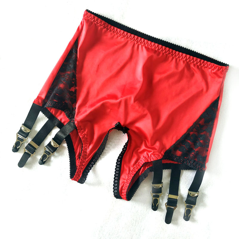 Liela izmēra seksīgas, melnas mežģīņu jostas biksītes bez kājstarpes ar sešām siksnām Sarkanas jostas ar iekaņām sievietēm Apakšveļa Zeķes S-XXXL
