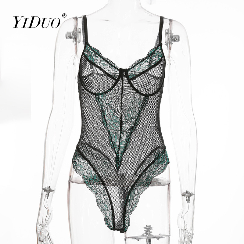 Body cu plasă neagră YiDuo în mozaic pentru femei, cu dantelă verde, cu imprimeu floral, salopetă transparentă, sexy, bodycon