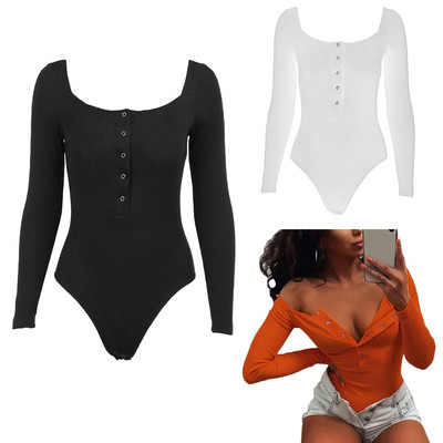 Női, hosszú ujjú bordás kötött body, egysoros, gombos szexi V-nyakú trikó egyszínű Bodycon jumpsuit felsők