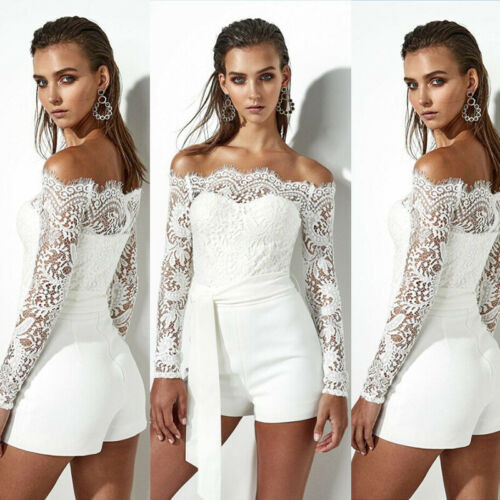 Femei doamne vară toamnă cu umăr dezactivat costume de joacă sexy la modă cu mânecă lungă din dantelă transparentă patchwork bandaj gol combi skinny