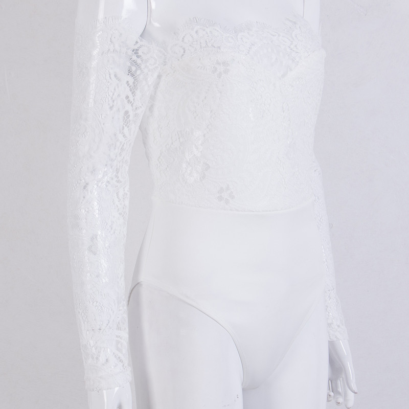 Femei doamne vară toamnă cu umăr dezactivat costume de joacă sexy la modă cu mânecă lungă din dantelă transparentă patchwork bandaj gol combi skinny