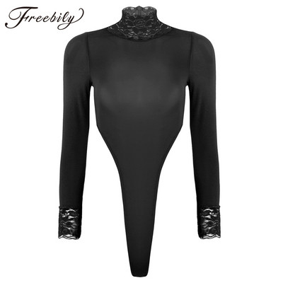 Macskaruhák Női Body String átlátszó, hosszú ujjú garbós, kampós, combos, magasra vágott tanga trikó Body