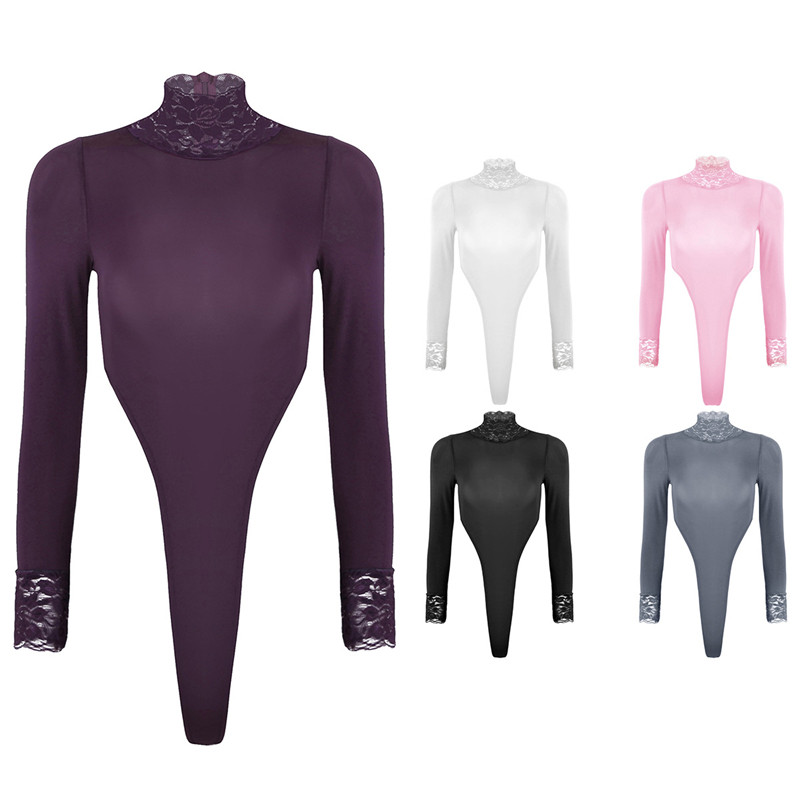 Catsuits Γυναικείο κορδόνι κορδόνι διαφανές μακρυμάνικο ζιβάγκο με γάντζο καβάλο ψηλό κομμένο τανκ στρινγκ Leotard κορμάκι