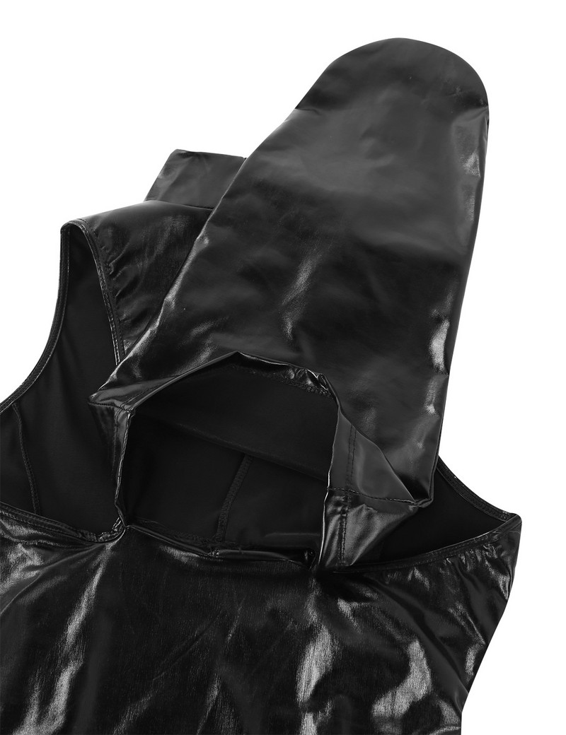 Moteriškas apatinis trikotažas Bodycon Bodysuit Blizganti metalinė nugara su suvaržymu Armbinder Glove Teddy Catsuit Rave Sexy Cosplay kostiumai