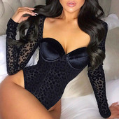 Body sexy pentru femei, cu imprimeu de leopard, salopete, topuri, cu ochiuri, cu mâneci lungi, cu vedere prin intermediul salopetei, pentru dama.