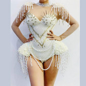 Σχεδιαστής Rivets Pearls Tassel Party Bodysuit Γυναικεία Λευκά σέξι κρόσσια Χορεύτρια νυχτερινό κλαμπ Showgirl DJ Singer Stage Κοστούμια