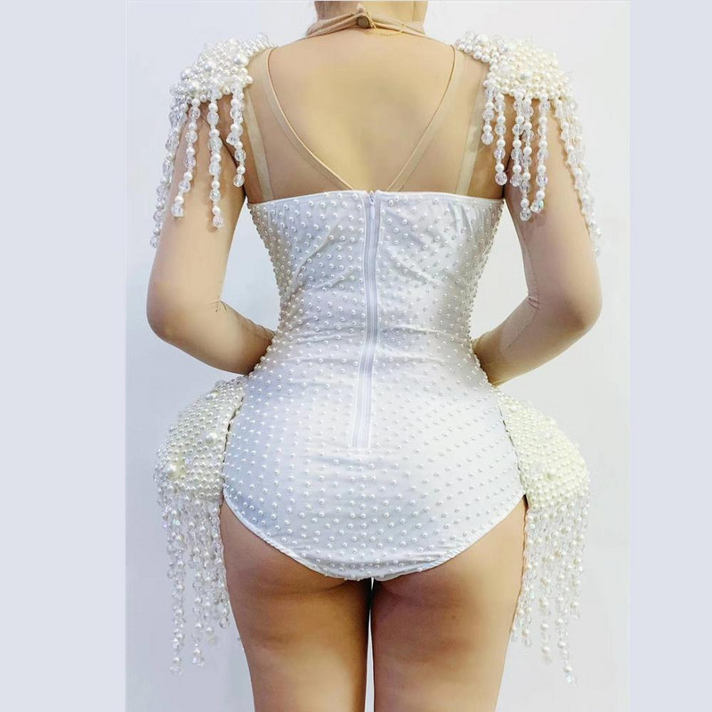 Σχεδιαστής Rivets Pearls Tassel Party Bodysuit Γυναικεία Λευκά σέξι κρόσσια Χορεύτρια νυχτερινό κλαμπ Showgirl DJ Singer Stage Κοστούμια