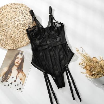 Salopetă neagră cu bandaj, cu jartieră, salopete pentru femei, perspectivă sexy, plasă din tifon, body body, haine de club