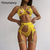 Yimunancy 4-osaline võrkkangast eksootiline komplekt Naiste Choker Bandage Fancy Kit Yellow Cut Out seksikas pesukomplekt