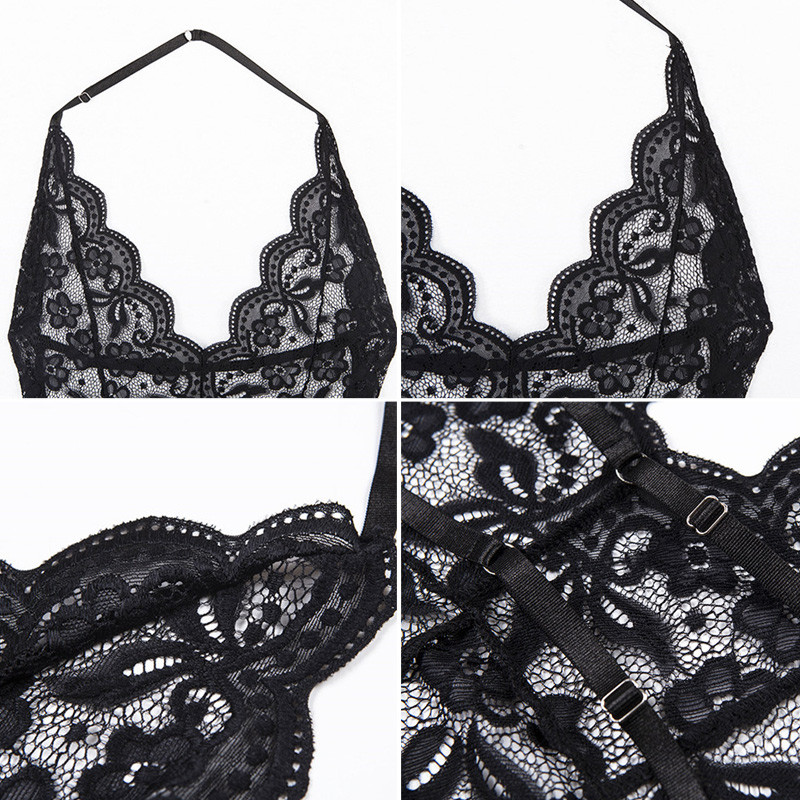 Mežģīņu bodijs bez atzveltnes caurspīdīgs sieviešu ķermenis, seksīgi teddiji, izliekti kombinezoni sieviešu dziļi V caurspīdīgi bodiji