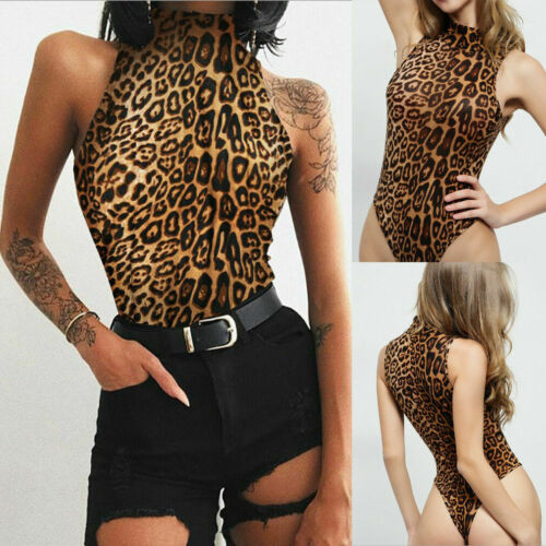 Hirigin Ladies Turtleneck Leopard Leotard Bodycon Jumpsuit Romper Clubwear Μπλούζες Playsuit