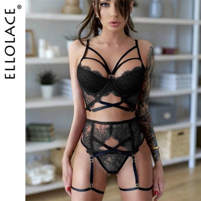Ellolace Goth Pesukomplekt Bandage Naiste aluspesu Seksikas rinnahoidja, 3-osaline juhtmevaba rinnahoidja, punased pitsist sukapaelad, eksootilised komplektid
