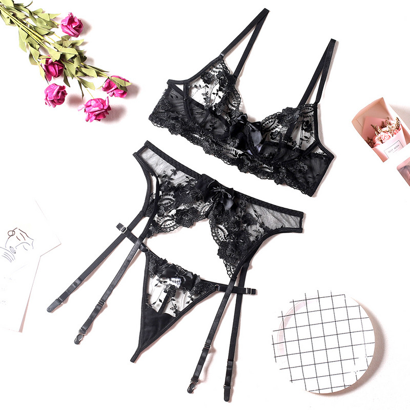 Κέντημα DM Sexy εσώρουχα Γυναικεία Λεπτή διάφανη δαντέλα Push up Σετ σουτιέν Σουτιέν+ζάντες+στρινγκ 3 τεμαχίων See Through εσώρουχα