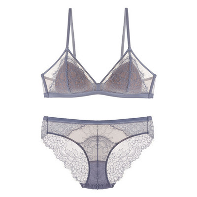 Set de sutien triunghi din dantelă sexy pentru gene din plasă, mozaic, ușor căptușit, fără fir, sâni mici, set de sutien și chiloți, Lenjerie de corp pentru femei