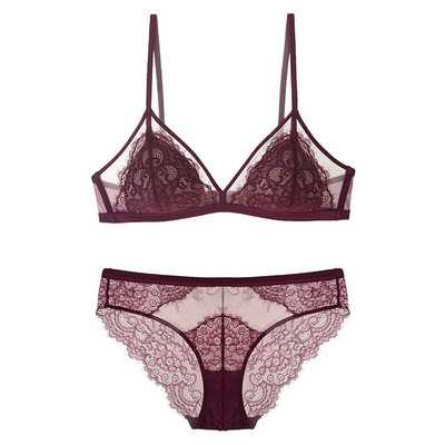 Set de sutien triunghi din dantelă sexy pentru gene din plasă, mozaic, ușor căptușit, fără fir, sâni mici, set de sutien și chiloți, Lenjerie de corp pentru femei