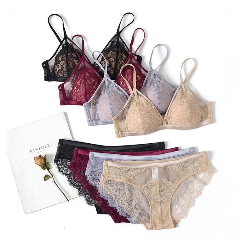 Set de sutien triunghi din dantelă sexy pentru gene din plasă, mozaic, ușor căptușit, fără fir, sâni mici, set de sutien și chiloți, Lenjerie de corp pentru femei