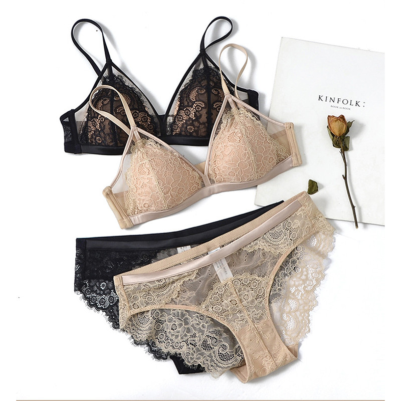 Set de sutien triunghi din dantelă sexy pentru gene din plasă, mozaic, ușor căptușit, fără fir, sâni mici, set de sutien și chiloți, Lenjerie de corp pentru femei