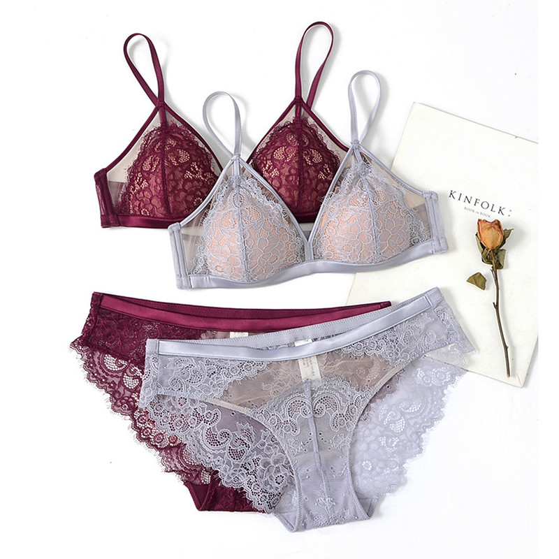 Set de sutien triunghi din dantelă sexy pentru gene din plasă, mozaic, ușor căptușit, fără fir, sâni mici, set de sutien și chiloți, Lenjerie de corp pentru femei