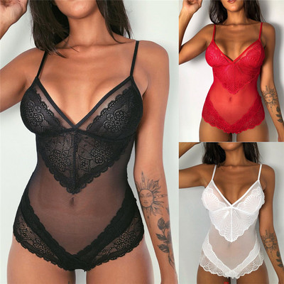 2020 ново модно дамско едно парче дантелено боди Мрежесто боди Babydoll Боди с V-образно деколте Презрамка Прозиращ гащеризон Теди Бельо Бельо