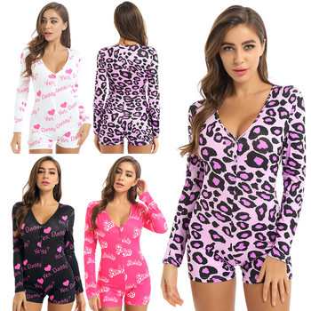 Жени Yes Daddy Letter Leopard Printed Sleepwear Гащеризон Трико с дълги ръкави Боди Bodycon Short Rompers Пижама Гащеризон